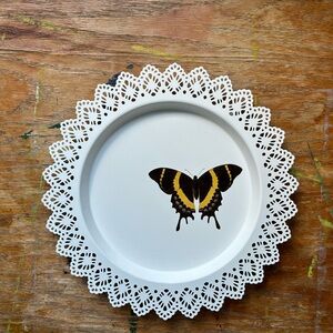 Elegant White Metal Plate with Butterfly Design